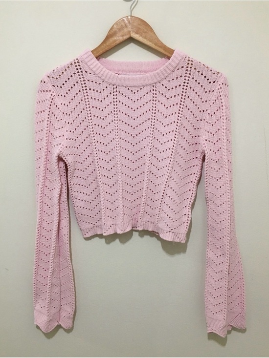 Elodie Sweaters - Light Pink Knit Cropped Eyelet Sweater, Size XS